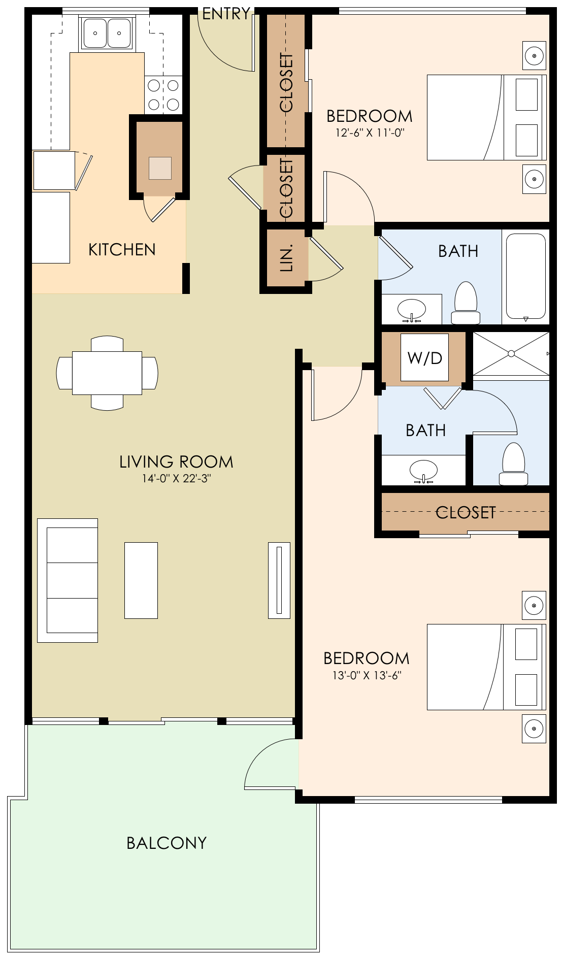 Floor plan for 2 beds, 2 baths, 1063 sqft